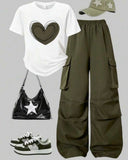 Girls’ Green Heart Print Short Sleeve T-Shirt & Cargo Pants Set