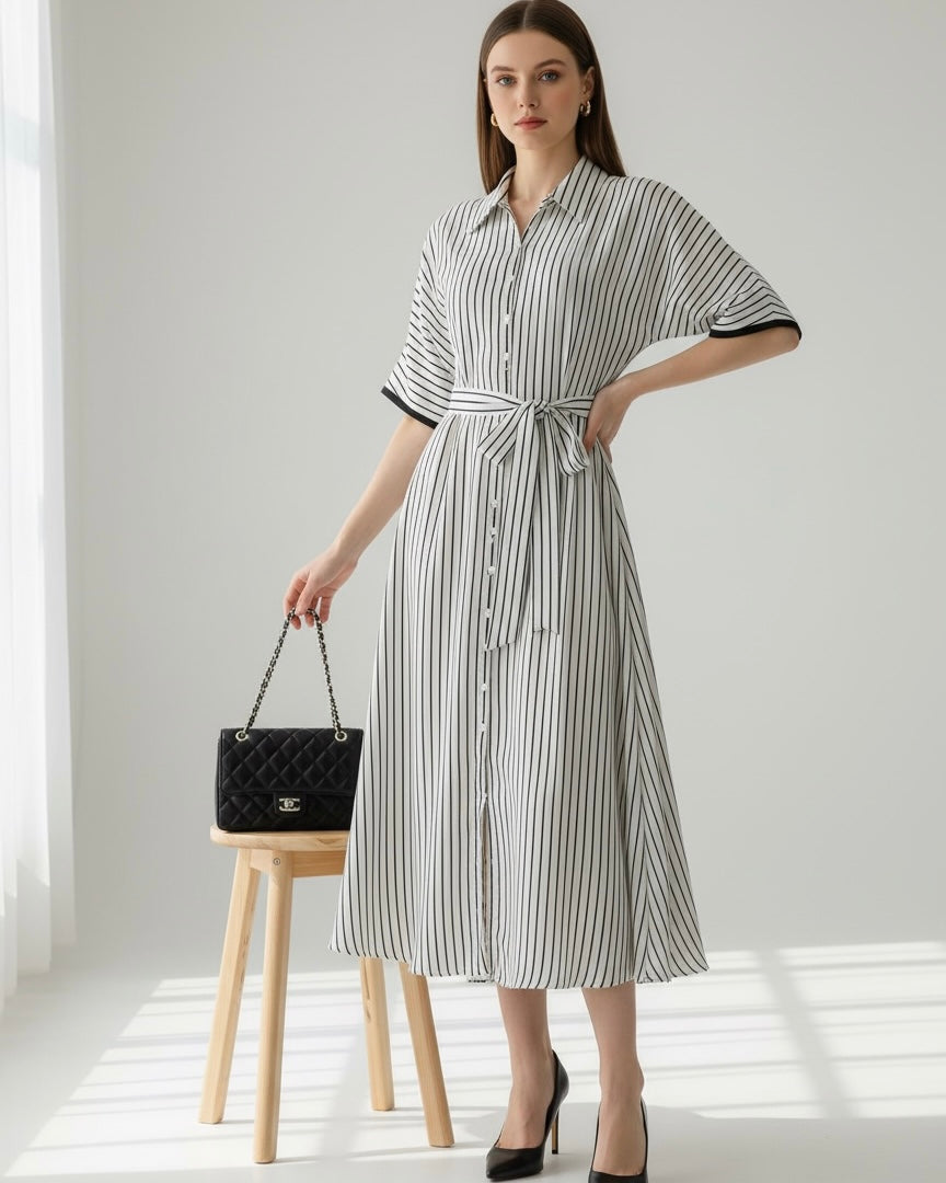 Black & White Striped Shirt Dress with Collar