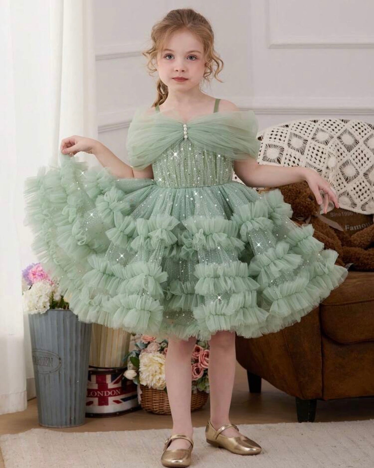 Girls Mint Green Sequin Princess Dress – Off-Shoulder Beaded Mesh Party Dress