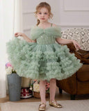 Girls Mint Green Sequin Princess Dress – Off-Shoulder Beaded Mesh Party Dress