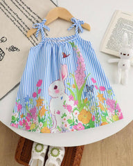 Baby Girl Blue Floral Suspender Dress with Bow – Summer Elegant Outfit