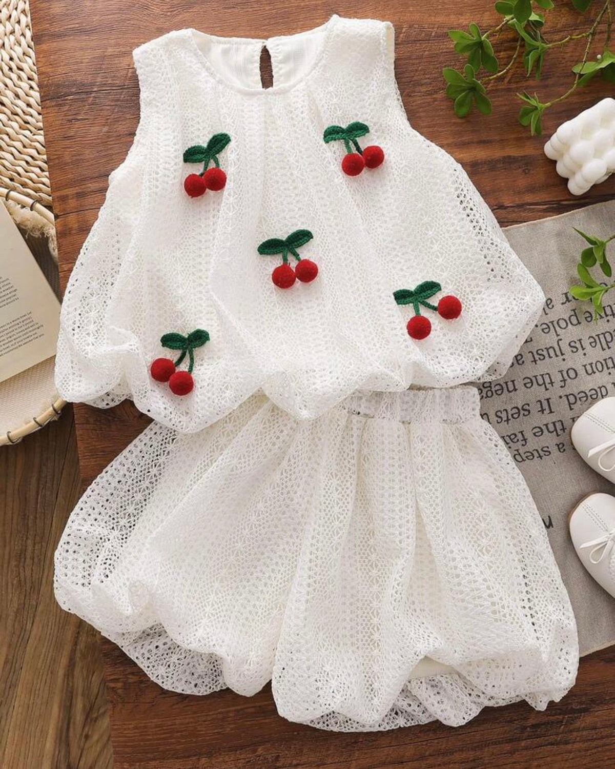 Girls 2pc Sleeveless White Top with Cherry Decor & Ruffle Hem Shorts