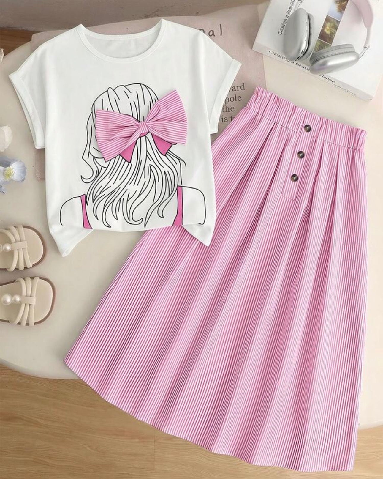 Girls Pink Bowknot Short Sleeve T-Shirt & Striped Maxi Skirt Set