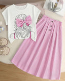 Girls Pink Bowknot Short Sleeve T-Shirt & Striped Maxi Skirt Set