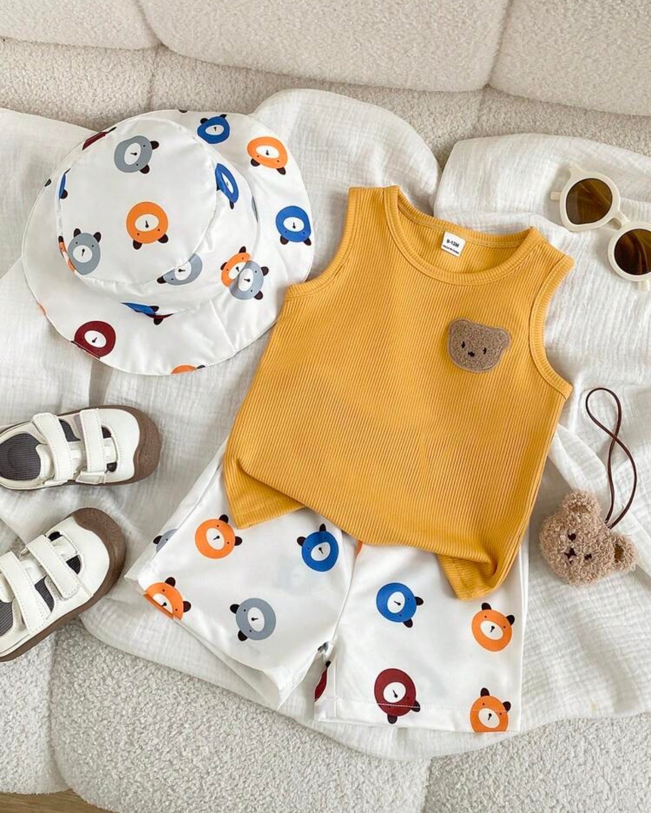 Baby Boy 3pc Yellow Bear Graphic Tank Top, Bear Print Shorts & Matching Hat