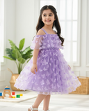 Girls’ Off-Shoulder Purple Butterfly Applique Mesh Dress
