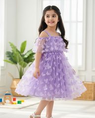 Girls’ Off-Shoulder Purple Butterfly Applique Mesh Dress