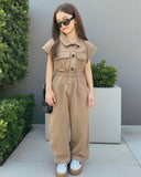 Tween Girls Khaki Green Woven Jumpsuit