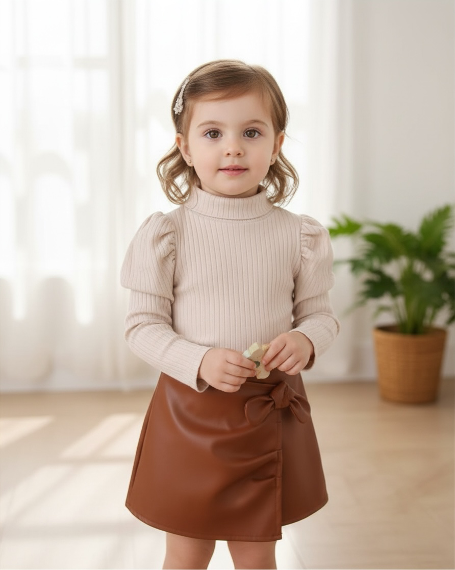 Baby Girl 2PCS Brown Faux Leather Skirt and Top
