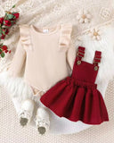 2pcs Baby Girl Long Sleeve Bodysuit & Burgundy Overall Dress Set