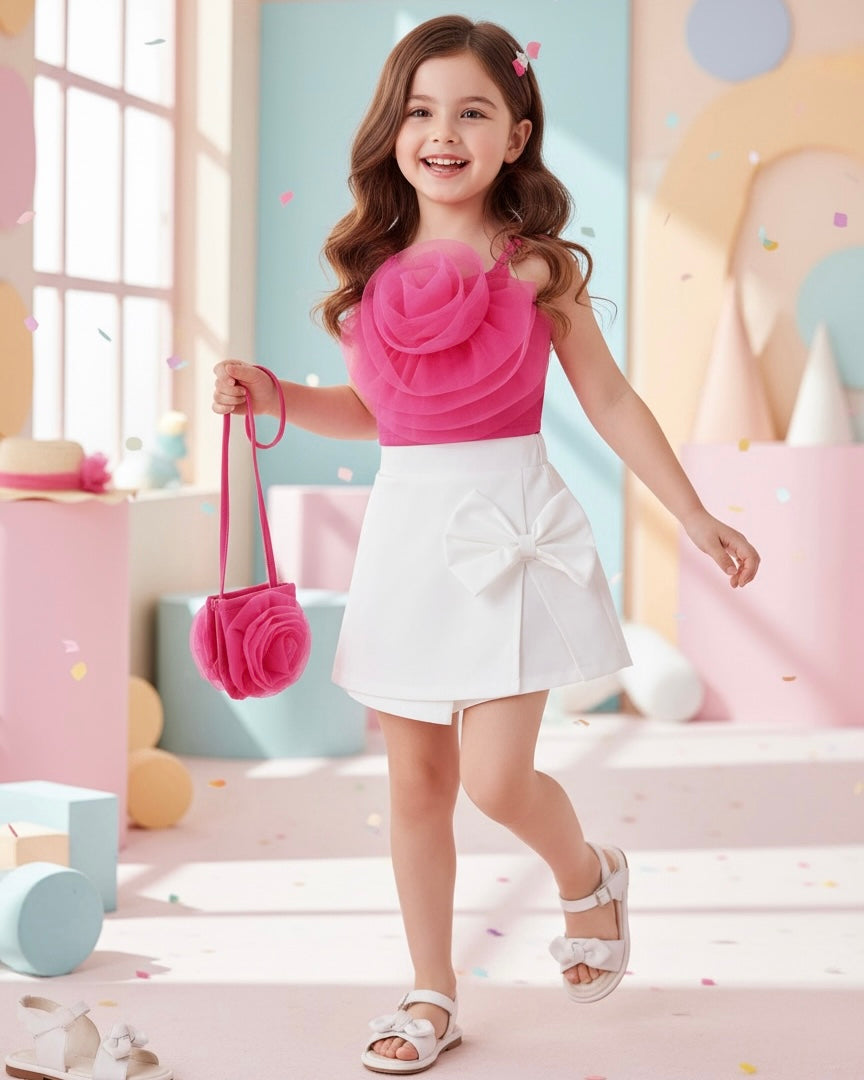 Pink Flower Top & White Bow Skirt