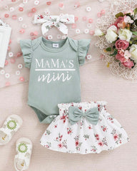 Baby Girl Green Printed Flutter Sleeve Bodysuit and Printed Skirt Outfit