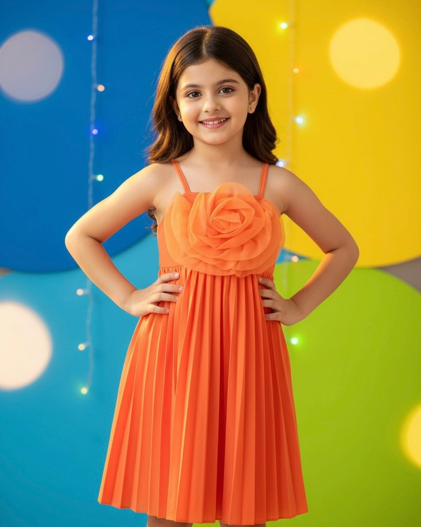 Solid Color 3D Floral Strap Elastic Waist A-Line Pleated Dress – Girls