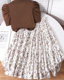 Tween Girl 2Pcs Outfit – Brown Faux Pearl Top & Floral Ruffle Skirt Set