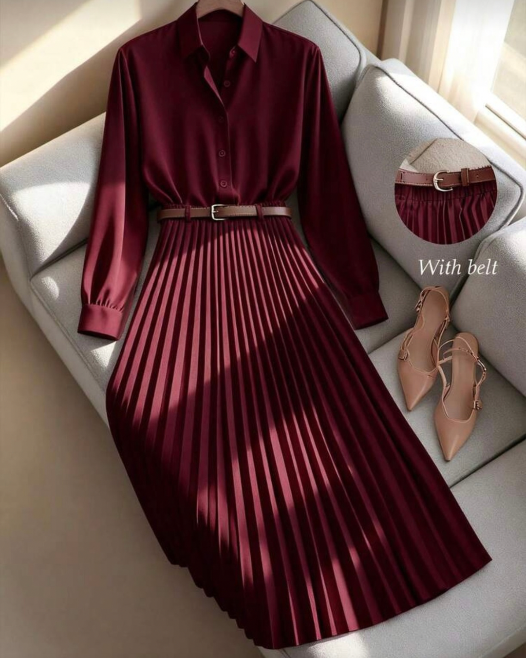 Solid Color Long Sleeve Shirt Paired With A-Line Skirt, Pleated Skirt Comes With Belt