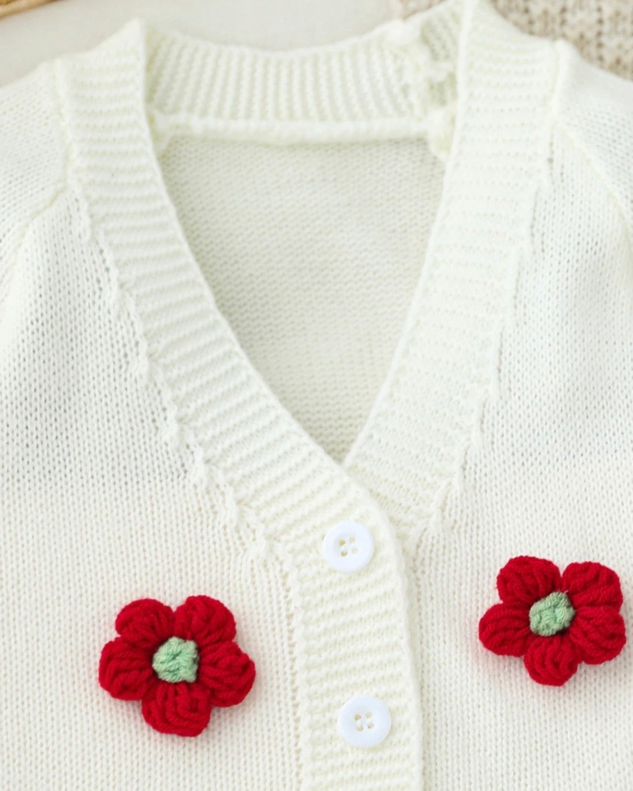 Newborn Baby Girl Red 3D Floral Pattern Knitted Cardigan And Romper
