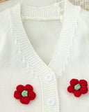 Newborn Baby Girl Red 3D Floral Pattern Knitted Cardigan And Romper