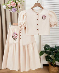 2pcs Tween Girl Puff Sleeve Shirt & Asymmetrical Button Skirt – Spring/Summer Vacation Outfit