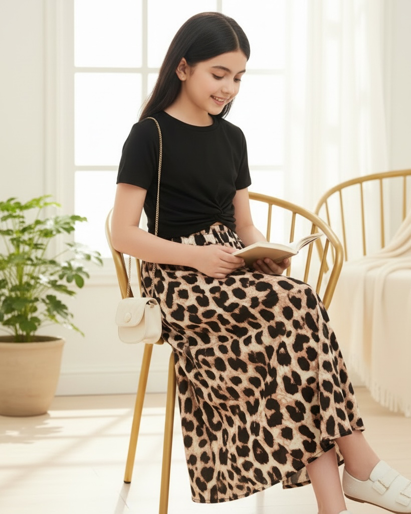 Tween Girls Twist Front T-Shirt & Leopard Print Maxi Skirt Set