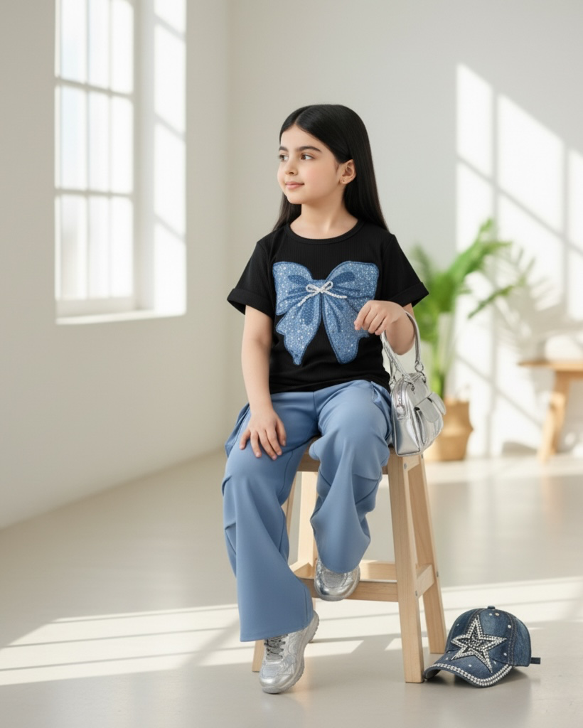 Girls Blue Bow Embroidery Black T-Shirt & Cargo Pants Set