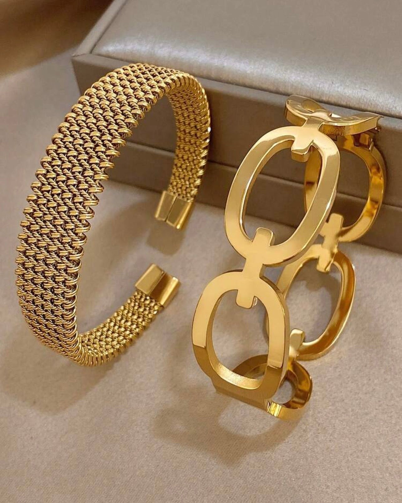 18K Gold Plated Stainless Steel Luxury Vintage Braided Bracelet Set and Ring Clasp