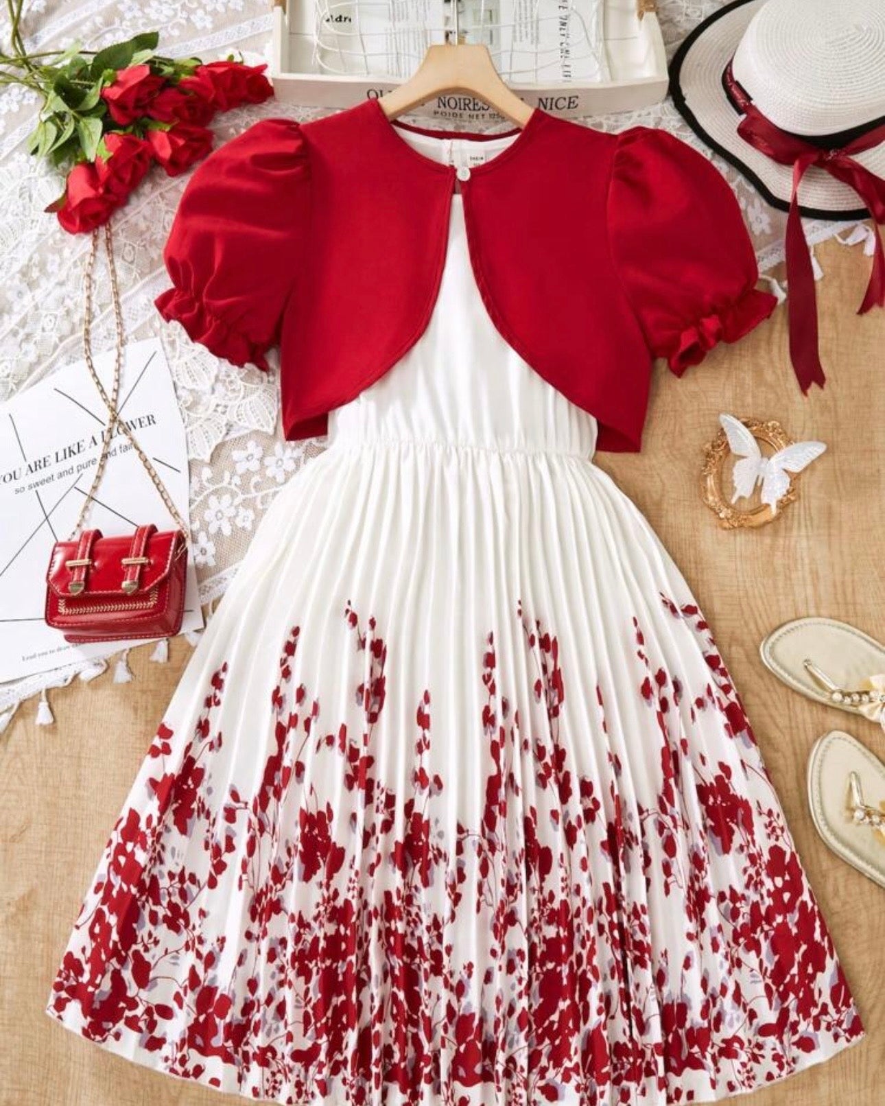 Girls 2-Piece Red Floral Print Pleated Dress & Cardigan Set
