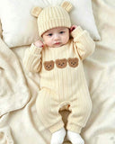 Newborn Winter Knitted Beige Ribbed Long Sleeve Romper With Hat