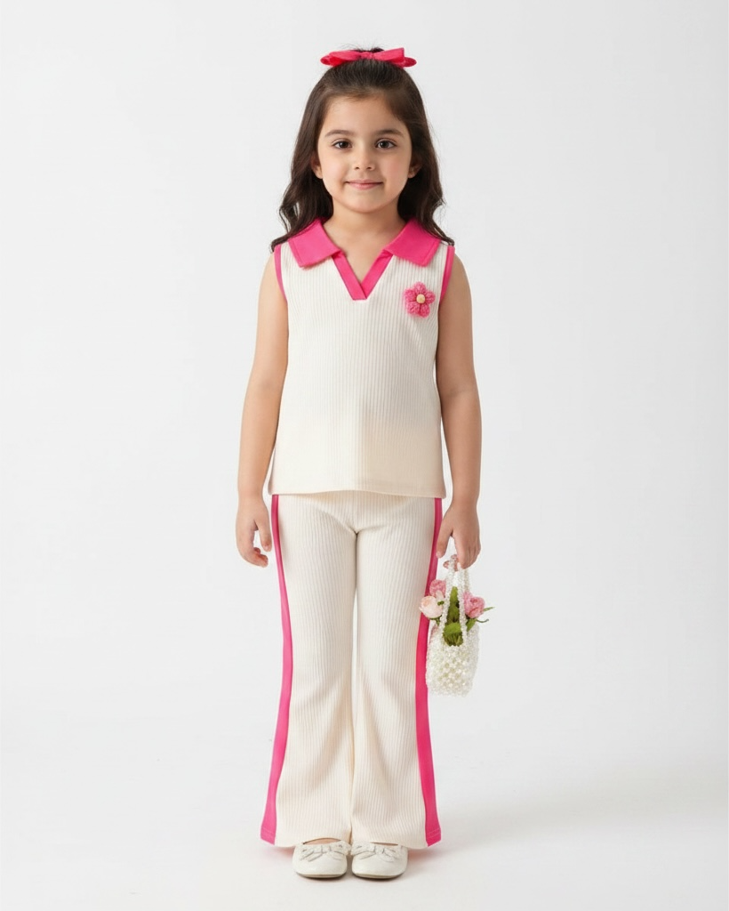 2pcs Girls 3D Floral Knitted White and Pink Polo Vest And Flared Pants