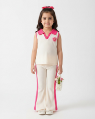 2pcs Girls 3D Floral Knitted White and Pink Polo Vest And Flared Pants