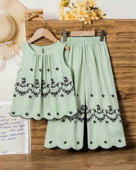 Girls Sleeveless Co-Ord Set – Green Printed Embroidered Hem Top & Wide-Leg Pants