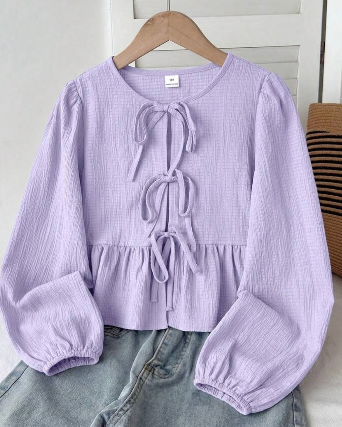 Tween Girls Purple Textured Bow Tie Long Sleeve Shirt