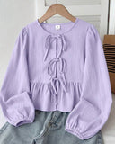 Tween Girls Purple Textured Bow Tie Long Sleeve Shirt
