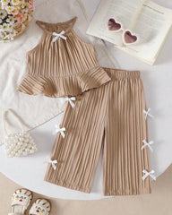 2pcs Baby Girls' khaki colour Spaghetti Strap Camisole Top With 3D Bow Decor Straight Leg Pants Set