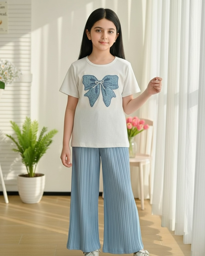 Tween Girls Blue Bow Embroidery White T-Shirt & Wide Leg Pants Set