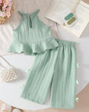 2pcs Baby Girls' Green colour Spaghetti Strap Camisole Top With 3D Bow Decor Straight Leg Pants Set