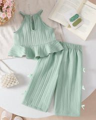2pcs Baby Girls' Green colour Spaghetti Strap Camisole Top With 3D Bow Decor Straight Leg Pants Set