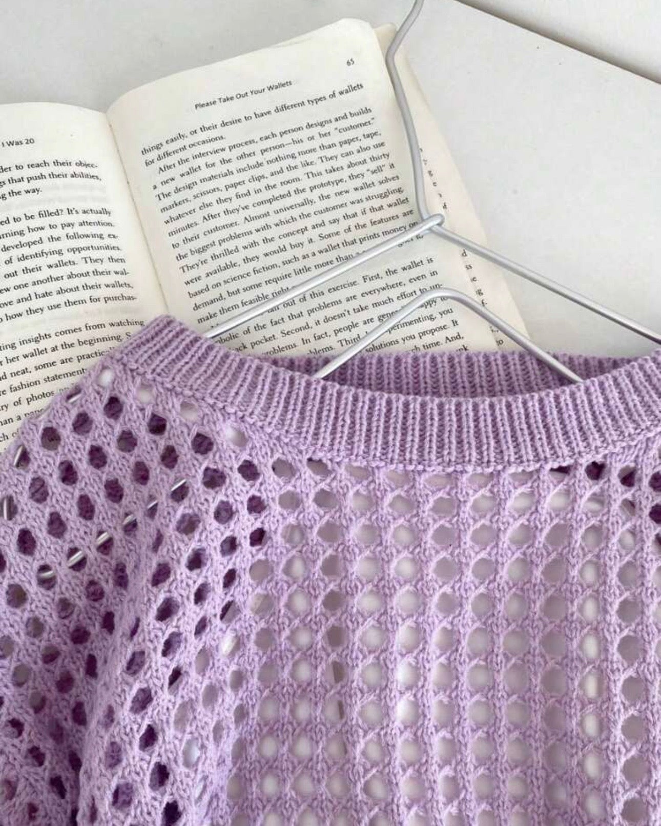 Tween Girls Lilac Color Crew Neck Long Sleeve Hollow Knitwear