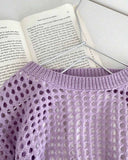 Tween Girls Lilac Color Crew Neck Long Sleeve Hollow Knitwear