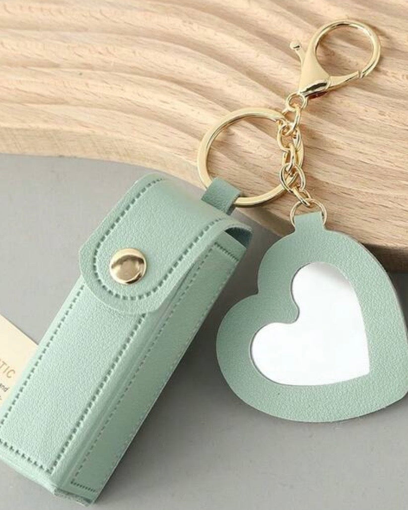 Leather Portable Mini Lipstick Case With Mirror & Keychain