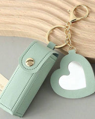 Leather Portable Mini Lipstick Case With Mirror & Keychain