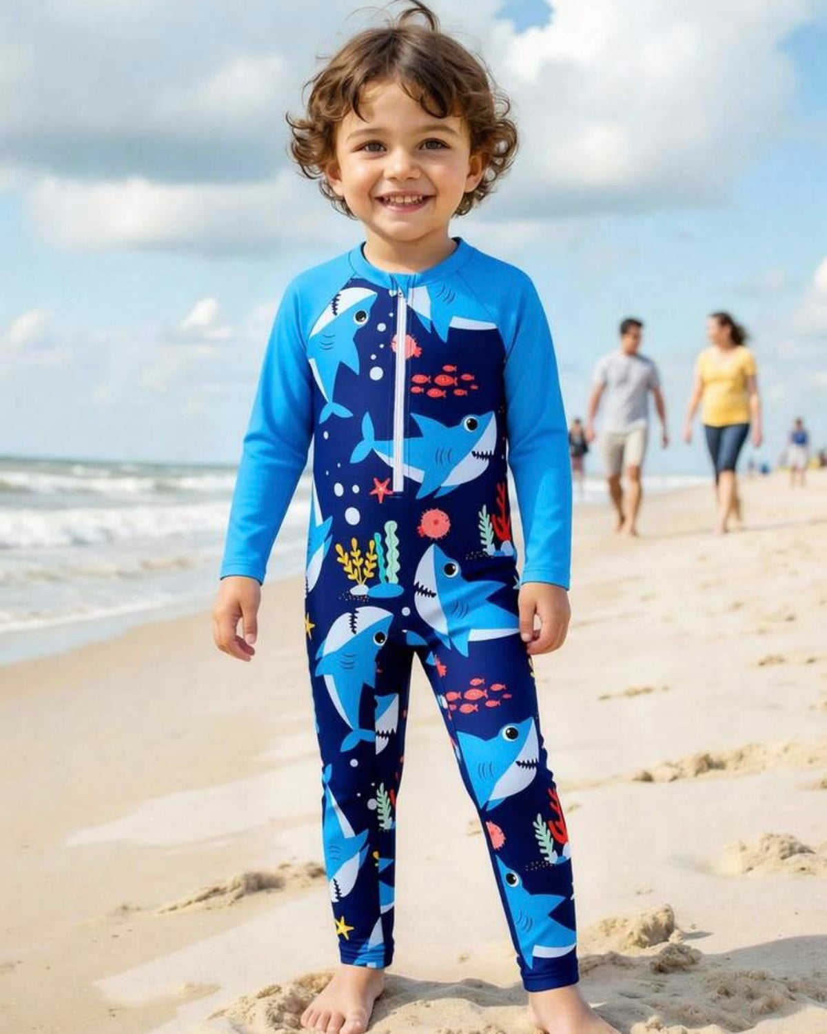 Boys Blue Dolphin Print Long Sleeve One-Piece Swimsuit