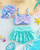 Girls Mermaid Ruffle Bikini Set with Hat – 3pc Swimwear Outfit for Beach & Pool