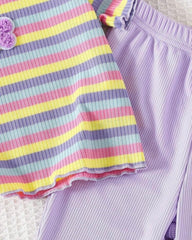 Kids Girl's Striped Purple Embroidered Flare Pants Set