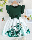 Girls’ Green Summer Ruffled Sleeve Bow-Tie Butterfly Print Dress