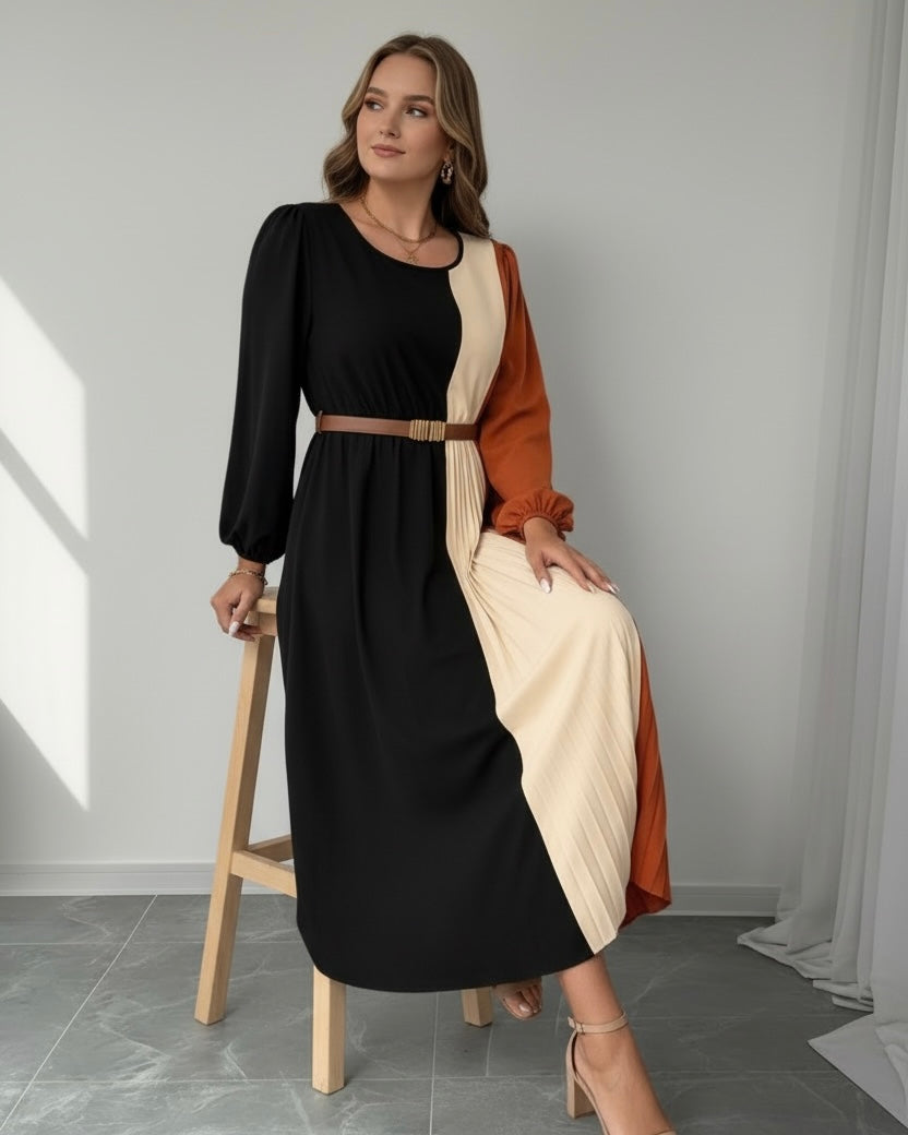 Women's Colorblock Round Neck Lantern Sleeve Pleated Hem Elegant Dress
