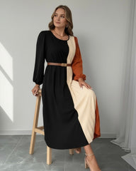 Women's Colorblock Round Neck Lantern Sleeve Pleated Hem Elegant Dress