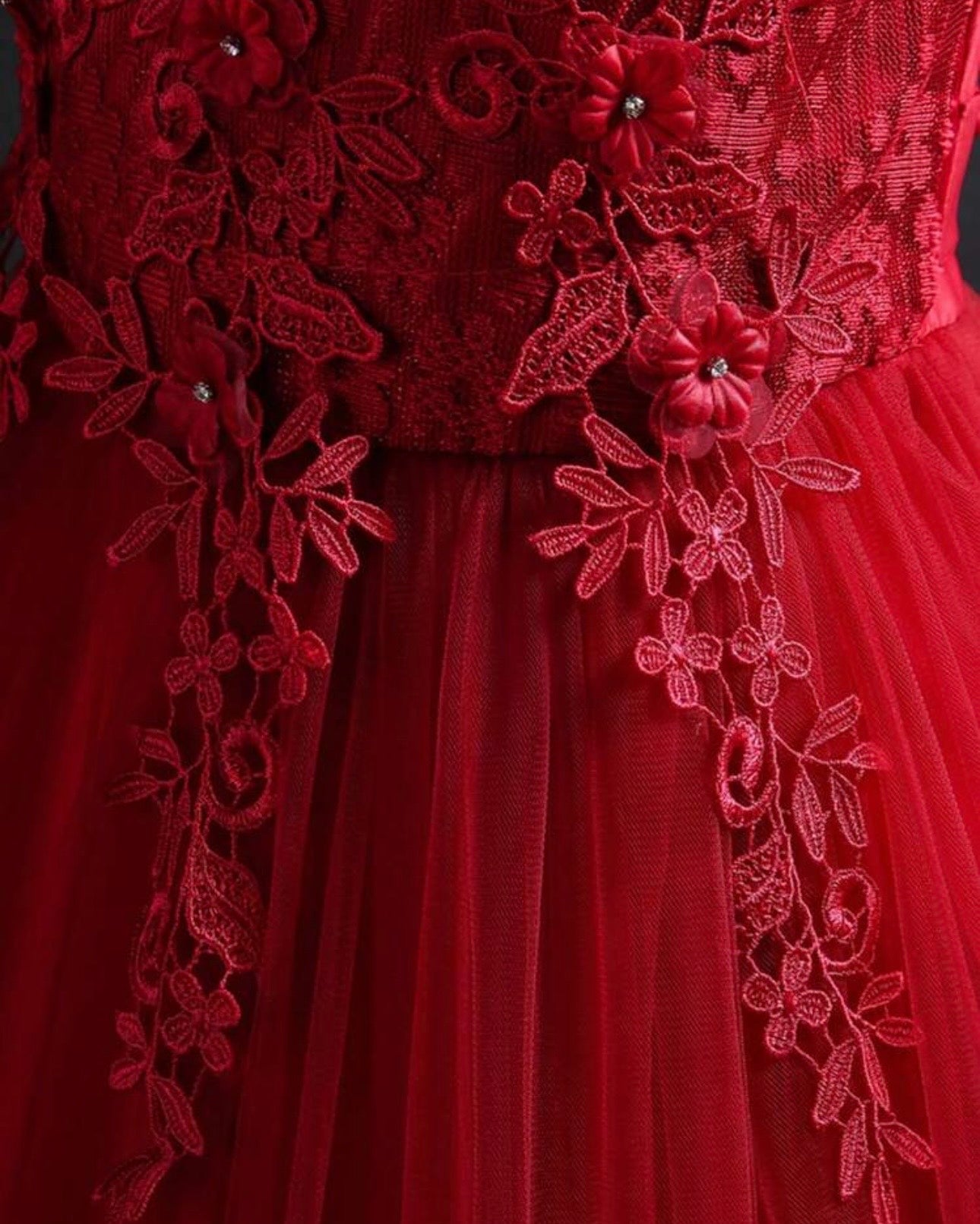 Girls’ Long Red Embroidered Princess Wedding Dress