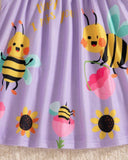 Baby Girl Purple Floral & Honey Bee Print Suspender Dress