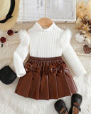 Baby Girl Fluffy Trim T-Shirt & 3D Bow  Brown Pleated Skirt