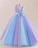 Girls Rainbow Ombre Princess Dress – Sleeveless Bow Tulle Puffy Long Gown